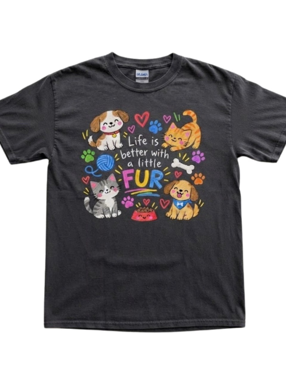 Black "Life Is Better With A Little Fur" Cute Cat & Dog Lover Graphic Tee